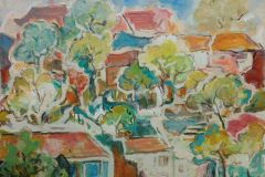 (Ref - 18: ET7) Hillside village, acrylic and household paint on canvas, 25x30cms,  £220
