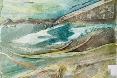 A semi-abstract collagraph of a headland and distant islands coming down the the sea
